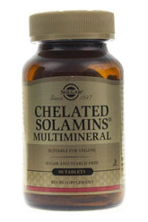 Solgar Chelated Solamins Multimineral supplement bottle with 90 tablets, supports bone health and immune function.